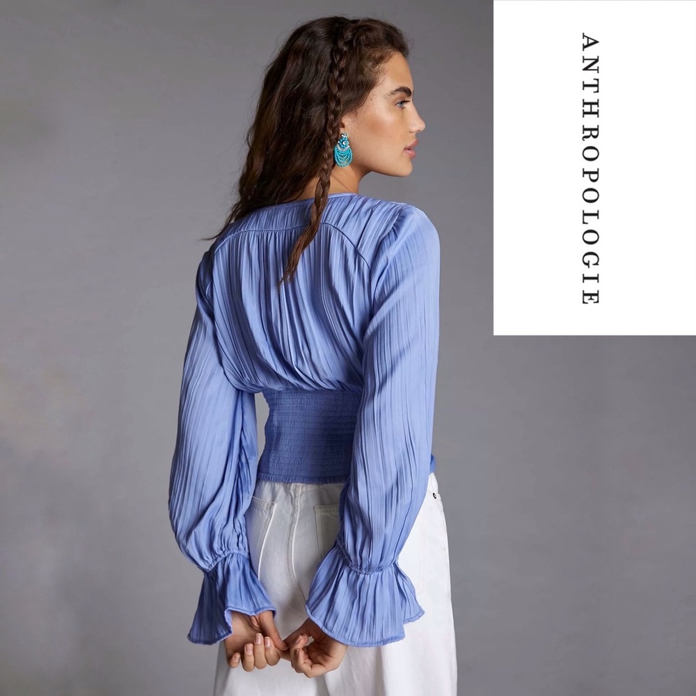 NWT Anthropologie Baby Blue Satin Puff Sleeved Pull Over Blouse